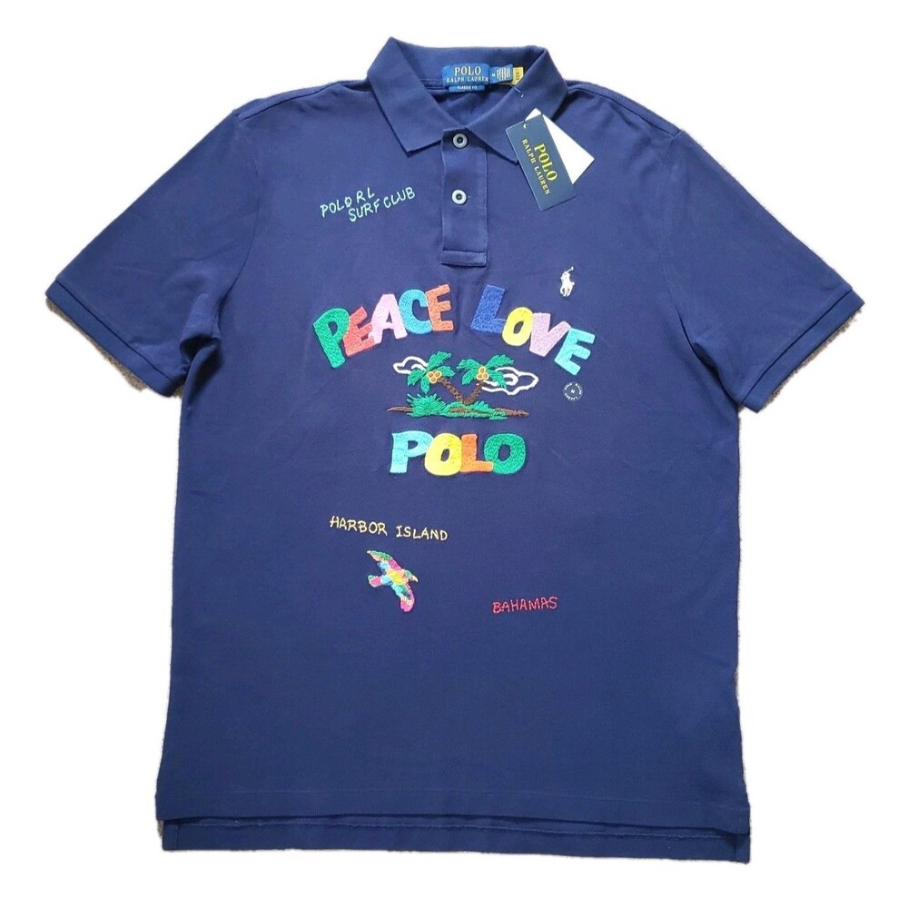 NWT Polo Ralph Lauren Peace Love Surf Sz Medium Mens Classic Fit Navy Polo Shirt